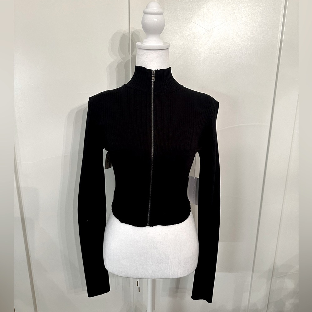 NWT Cotton Citizen Ibiza ribbed zip turtleneck crop Black